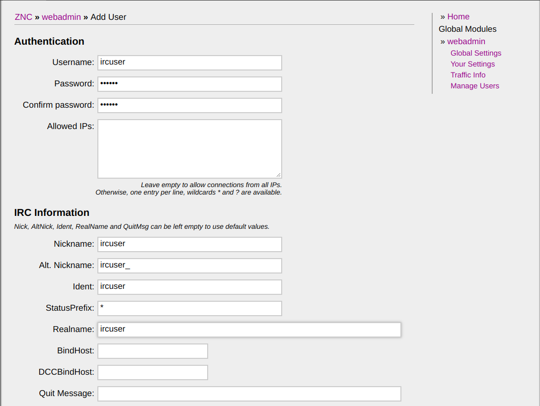 ZNC User Details